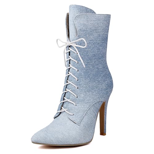 Bviennic Damen Stiefeletten Stiletto Höhe Ferse Mode Pointed Toe Schnüren Abend Stiefeletten 2205 Blau Gr 44 EU/46Cn von Bviennic