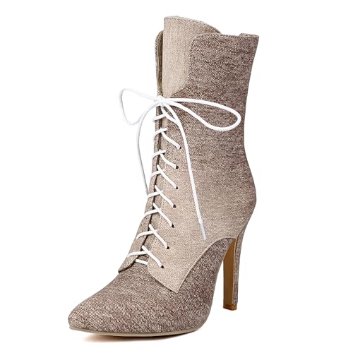 Bviennic Damen Stiefeletten Stiletto Höhe Ferse Mode Pointed Toe Schnüren Abend Stiefeletten 2205 Braun Gr 39 EU/40Cn von Bviennic