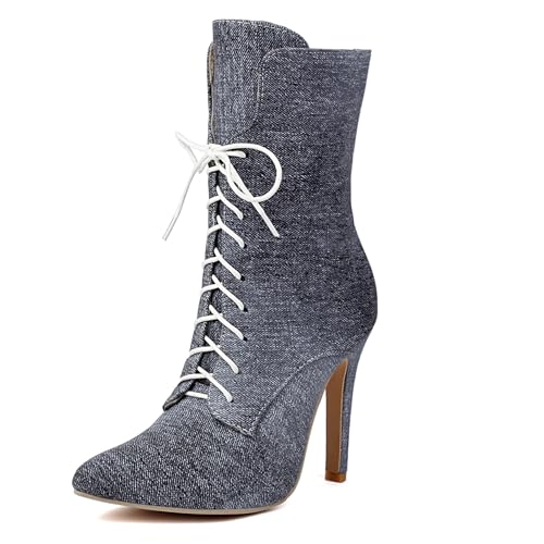 Bviennic Damen Stiefeletten Stiletto Höhe Ferse Mode Pointed Toe Schnüren Abend Stiefeletten 2205 Grau Gr 39 EU/40Cn von Bviennic