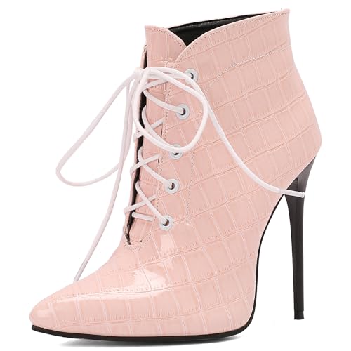 Bviennic Damen Stiefeletten Stiletto Höhe Ferse Mode Pointed Toe Schnüren Party Stiefeletten 2465 Pink Gr 41 EU/43Cn von Bviennic