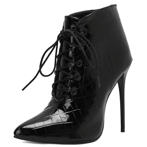 Bviennic Damen Stiefeletten Stiletto Höhe Ferse Mode Pointed Toe Schnüren Party Stiefeletten 2465 Schwarz Gr 45 EU/47Cn von Bviennic
