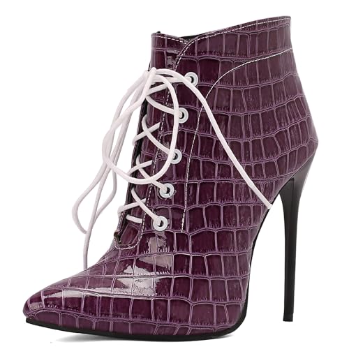 Bviennic Damen Stiefeletten Stiletto Höhe Ferse Mode Pointed Toe Schnüren Party Stiefeletten 2465 Violett Gr 42 EU/44Cn von Bviennic