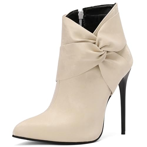Bviennic Damen Stiefeletten Stiletto Höhe Ferse Mode Pointed Toe Zip Abend Stiefeletten 2466 Beige Gr 37 EU/38Cn von Bviennic