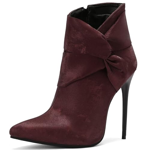 Bviennic Damen Stiefeletten Stiletto Höhe Ferse Mode Pointed Toe Zip Abend Stiefeletten 2466 Rotwein Gr 34 EU von Bviennic