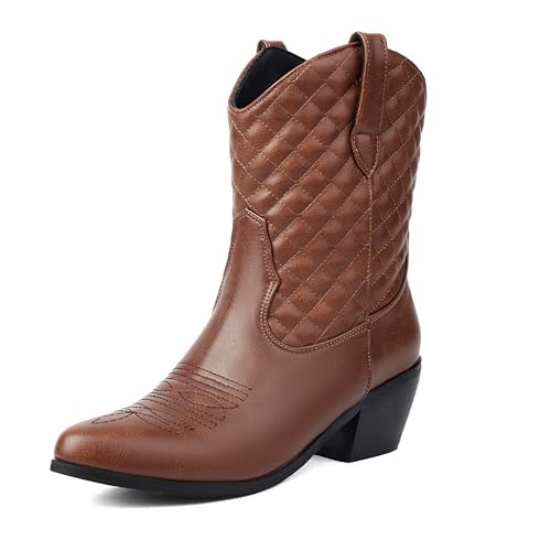 Bviennic Damen Stiefeletten Western Mitte Absatz Klassische Runde Zehen Ohne Verschluss Cowboy 2203 Braun Gr 34 EU von Bviennic