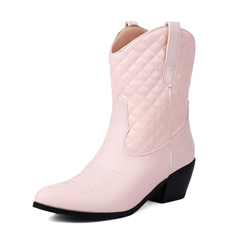 Bviennic Damen Stiefeletten Western Mitte Absatz Klassische Runde Zehen Ohne Verschluss Cowboy 2203 Pink Gr 44 EU/46Cn von Bviennic