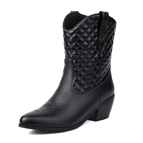 Bviennic Damen Stiefeletten Western Mitte Absatz Klassische Runde Zehen Ohne Verschluss Cowboy 2203 Schwarz Gr 37 EU/38Cn von Bviennic