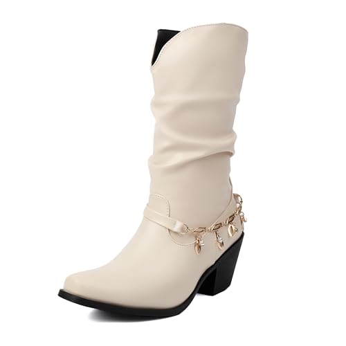 Bviennic Damen Stiefeletten Western Mitte Absatz Mode Pointed Toe Ohne Verschluss Dancing Schuhe 2208 Beige Gr 36.5 EU/37Cn von Bviennic