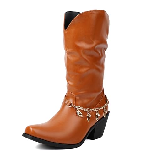 Bviennic Damen Stiefeletten Western Mitte Absatz Mode Pointed Toe Ohne Verschluss Dancing Schuhe 2208 Braun Gr 42 EU/44Cn von Bviennic