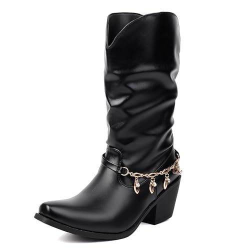 Bviennic Damen Stiefeletten Western Mitte Absatz Mode Pointed Toe Ohne Verschluss Dancing Schuhe 2208 Schwarz Gr 36.5 EU/37Cn von Bviennic