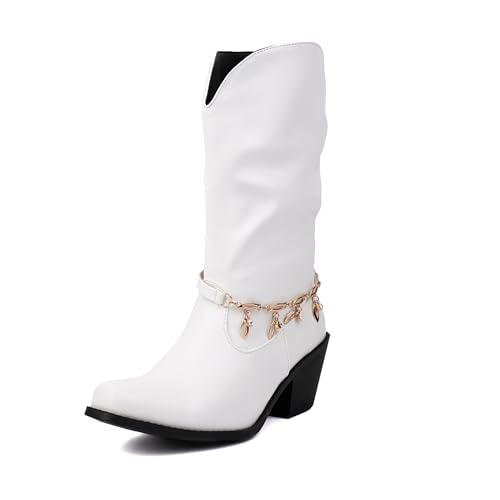 Bviennic Damen Stiefeletten Western Mitte Absatz Mode Pointed Toe Ohne Verschluss Dancing Schuhe 2208 Weiß Gr 37 EU/38Cn von Bviennic