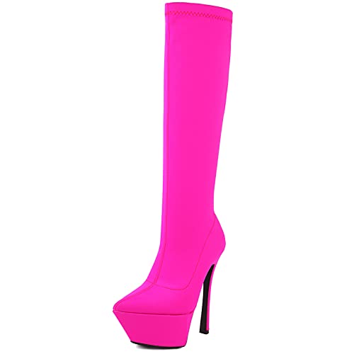 Bviennic Damen Stiletto Plateau Knee Stretch Stiefel Ohne Verschluss Mode Pointed Toe Prom Party Schuhe Winter Rose-Rot Gr 38 EU-39Cn von Bviennic