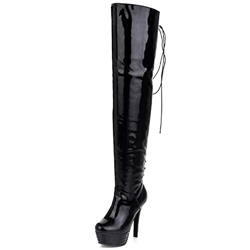 Bviennic Damen Stiletto Plateau Thigh Herren Party Boots Nightclub Mode Overknees Abend Lack Reitstiefel Schwarz Gr 48 EU-50Cn von Bviennic