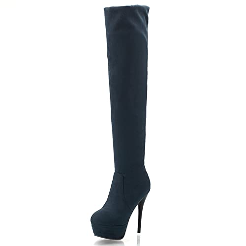 Bviennic Damen Stiletto Runde Zehen Overknees Stretch Stiefel Ohne Verschluss Elegant Winter Party Plateau Boots Mode Blau Gr 40 EU-41Cn von Bviennic