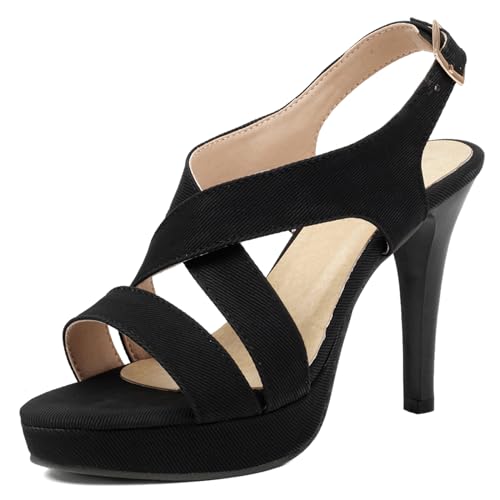 Bviennic Damen Stiletto Slingback Schuhe Offene Zeh Höhe Ferse Daily Schuhe Schnalle Klassische Sandals mit Plateau, H38945Ev Schwarz Gr 41 EU/43Cn von Bviennic