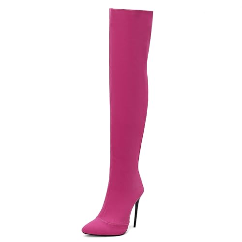 Bviennic Damen Stiletto Stiefel Höhe Ferse Overknee Stiefel Pointed Toe Zip Mode Abendstiefel, Y31002Jf Rose-Rot Gr 45 EU/47Cn von Bviennic