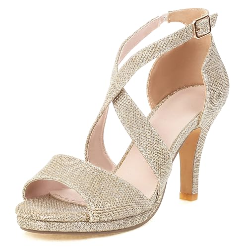 Bviennic Damen Stilettos Glitzer Cross Strap Sandals Mode Elegant Party Hochzeit Dancing Sandalen Gold Gr 39 EU/40Cn von Bviennic