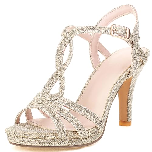 Bviennic Damen Stilettos Glitzer Cross Strap Sandas Mode Elegant Party Hochzeit Dancing Sandalen Gold Gr 36 EU von Bviennic