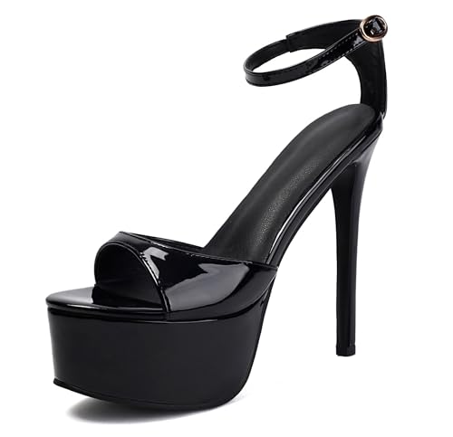 Bviennic Damen Stilettos Plateau Offene Zeh Knöchelriemchen Party Abend Sandals Schwarz Gr 39 EU/40Cn von Bviennic