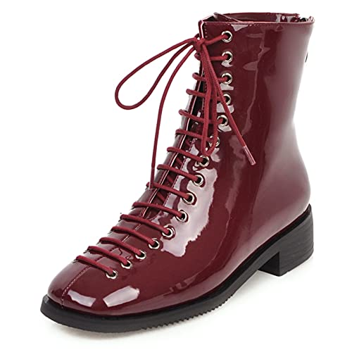 Bviennic Damen Strappy Komfort Runde Zehen Reißverschluss Military Motorradstiefel Schnüren Lack Chukka Stiefeletten Mitte Absatz Combat Stiefeletten Rotwein Gr 40 EU-41Cn von Bviennic