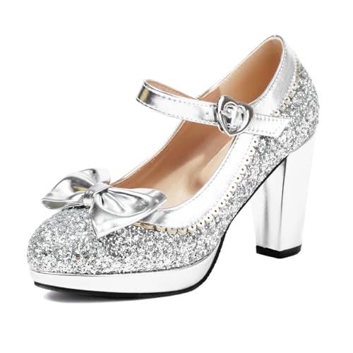 Bviennic Damen Trichterabsatz Mary Jane Almond Toe Höhe Ferse Schuhe Schnalle mit Plateau Glitzer Mode Dancing Schuhe Q66908Uq Silber Gr 36 EU von Bviennic