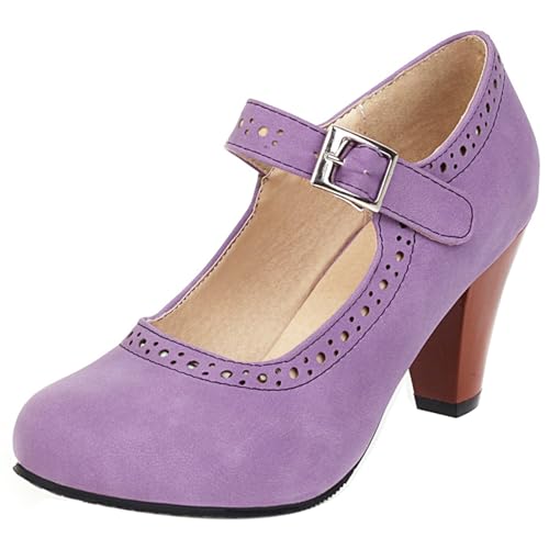 Bviennic Damen Trichterabsatz Mary Jane Runde Zehen Höhe Ferse Schuhe Schnalle Leisure Abendschuhe E51165Mf Violett Gr 33.5 EU/33Cn von Bviennic