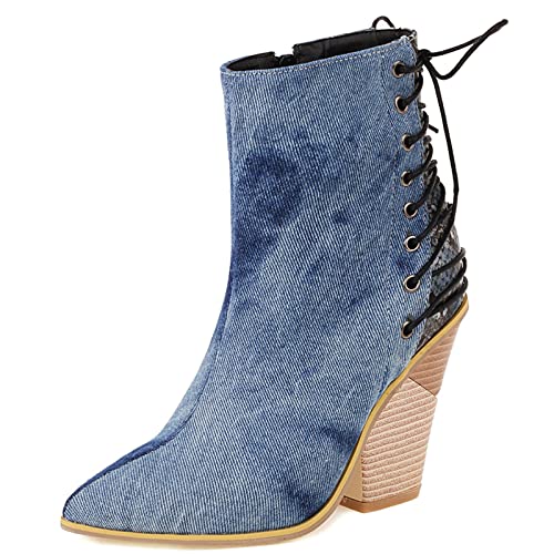 Bviennic Damen Vintage Cowboy Stiefeletten Keilabsatz Pointed Toe Mode Western Chunky Höhe Ferse Reißverschluss Warm Stiefeletten Leisure Blau Gr 39 EU-40Cn von Bviennic