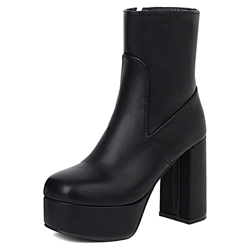 Bviennic Damen Winter Chunky Heel Plateau Stiefeletten Runde Zehen Reißverschluss Warm Stiefeletten Party Schwarz Gr 38 EU-39Cn von Bviennic