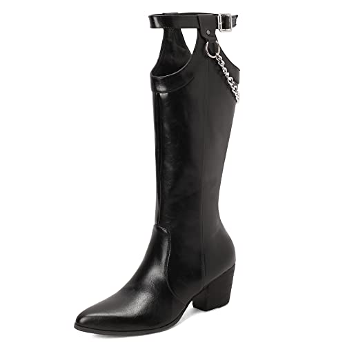 Bviennic Damen Winter Draußen Knee Reitstiefel Vintage Pointed Toe Chains Mode Cowboystiefel Schwarz/R Gr 43 EU-45Cn von Bviennic