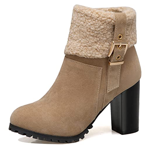 Bviennic Damen Winter Fell Lined Warm Blockabsatz Schneestiefel Leisure Chunky Chelsea Runde Zehen Reißverschluss Shearling Ankle Stiefeletten Beige Gr 45 EU-47Cn von Bviennic