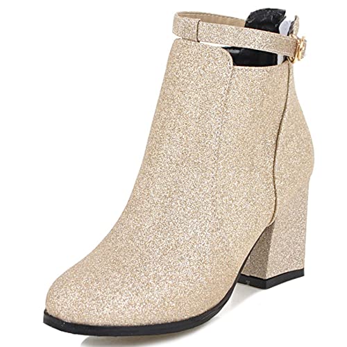 Bviennic Damen Winter Hochzeit Blockabsatz Chelsea Sequins Stiefeletten Reißverschluss Elegant Abend Kleid Runde Zehen Mode Stiefeletten Gold Gr 40.5 EU-42Cn von Bviennic