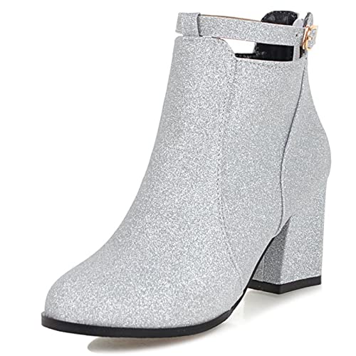 Bviennic Damen Winter Hochzeit Blockabsatz Chelsea Sequins Stiefeletten Reißverschluss Elegant Abend Kleid Runde Zehen Mode Stiefeletten Silber Gr 41 EU-43Cn von Bviennic