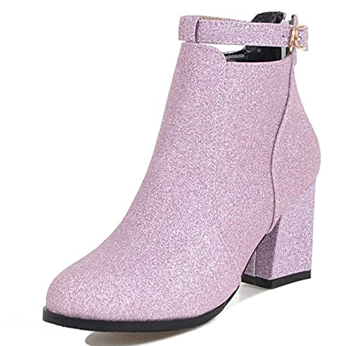 Bviennic Damen Winter Hochzeit Blockabsatz Chelsea Sequins Stiefeletten Reißverschluss Elegant Abend Kleid Runde Zehen Mode Stiefeletten Violett Gr 40 EU-41Cn von Bviennic