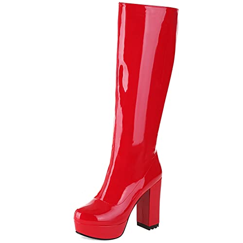 Bviennic Damen Winter Party Hohen Blockabsatz Mode Lack Kniestiefel Runde Zehen Reißverschlusspper Hochzeit Elegant Plateau Reitstiefel Rot Gr 39 EU-40Cn von Bviennic
