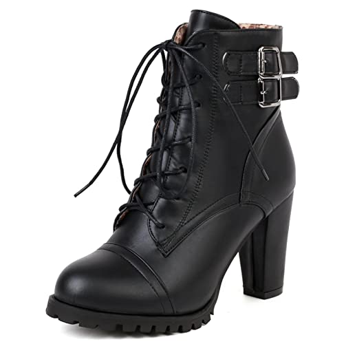 Bviennic Damen Winter Schnüren Mode Blockabsatz Biker Stiefeletten Reißverschluss Runde Zehen Party Hochzeit Motorcycle Warm Stiefeletten Schwarz Gr 43 EU-45Cn von Bviennic