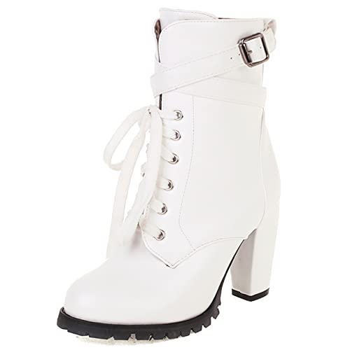 Bviennic Damen Winter Schnüren Mode Blockabsatz Biker Stiefeletten Reißverschluss Runde Zehen Party Hochzeit Motorcycle Warm Stiefeletten Weiß Gr 38 EU-39Cn von Bviennic