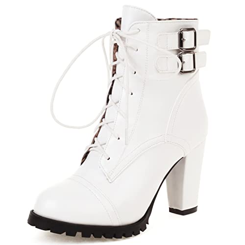 Bviennic Damen Winter Schnüren Mode Blockabsatz Biker Stiefeletten Reißverschluss Runde Zehen Party Hochzeit Motorcycle Warm Stiefeletten Weiß Gr 38 EU-39Cn von Bviennic