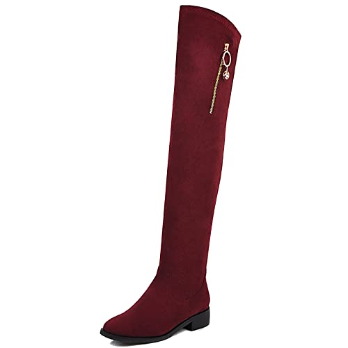 Bviennic Damen Winter Warm Square Toe Thigh Stretch Stiefel Weit Fit Komfort Block Mitte Absatz Party Kleid Wildleder Boots Rotwein/R Gr 33 Eu von Bviennic