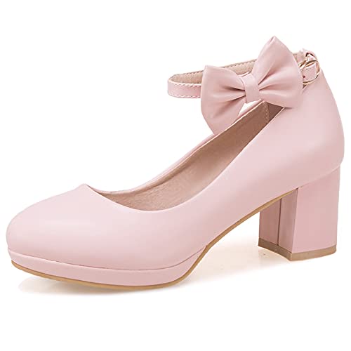 Bviennic Knöchelriemchen Mary Janes Damen Plateau Blockabsatz Pumps Runde Zehen Bride Hochzeit Komfort Kleid Prom Schuhe Pink Gr 36 EU von Bviennic