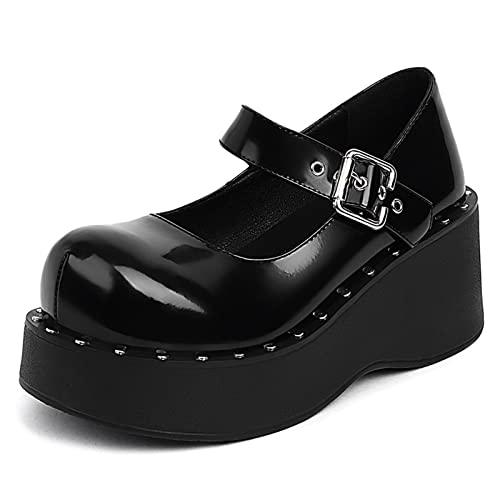 Bviennic Plateau Mary Jane Damen Knöchelriemchen Runde Zehen Schuhe Gothic Leisure Komfort Sommer Lack Pumps Schnalle Schwarz Gr 41 Eu-43Cn von Bviennic