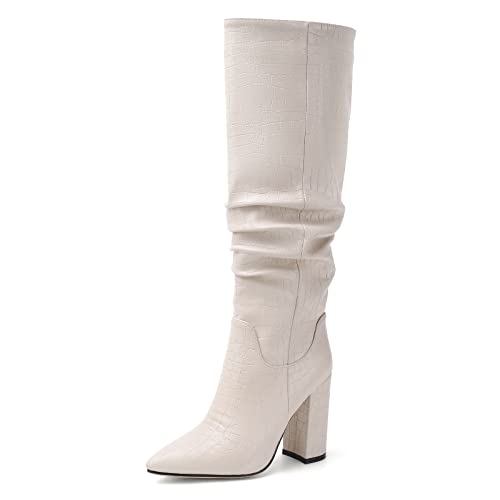 Bviennic Pointed Toe Cowboy Damen Ohne Verschluss Hohen Blockabsatz Slouch Stiefel Winter Kleid Mode Knee Warm Westernstiefel Beige Gr 37 EU-38Cn von Bviennic