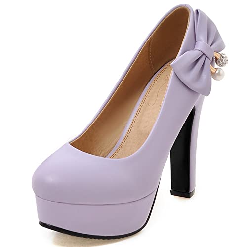 Bviennic Runde Zehen Höhe Ferse Damen Ohne Verschluss Hochzeit Schuhe Formal Blockabsatz Plateau Abend Kleid Pumps Violett Gr 34 EU von Bviennic