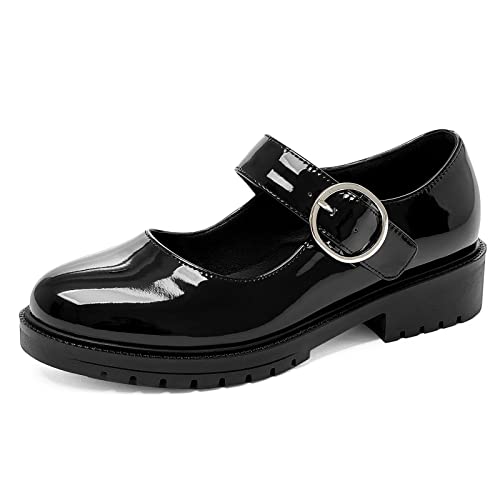 Bviennic Runde Zehen Mary Jane Damen Knöchelriemchen Pumps Block Mitte Absatz Vintage Buro Loafers Arbeit Schuhe Mode Lack Schuhe Schwarz Gr 38 Eu-39Cn von Bviennic