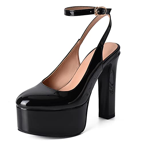 Bviennic Slingback Heel Damen Runde Zehen Knöchelriemchen Pumps Lack Blockabsatz Sommer Hochzeit Party Schuhe Stylish Schwarz Gr 33 EU von Bviennic