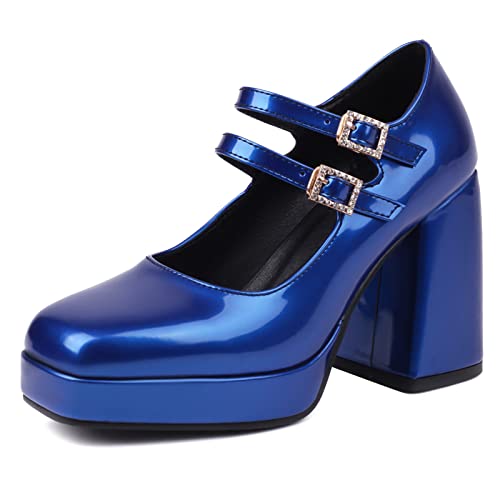 Bviennic Stylish Mary Jane Damen Square Toe Chunky Heel Pumps Plateau Knöchelriemchen Party Elegant Closed Toe Kleid Schuhe Blau Gr 43 Eu-45Cn von Bviennic