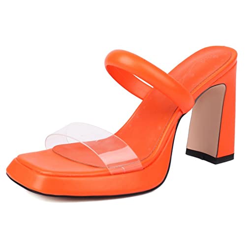 Bviennic Stylish Pantoffeln Damen Hohen Blockabsatz Plateau Sandalen T Bar Mode Pantoletten Pantoffeln Hochzeit Party Schuhe Orange Gr 38 Eu-39Cn von Bviennic