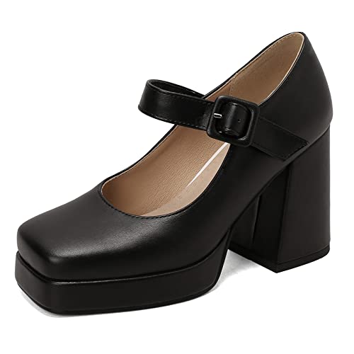 Bviennic Stylish Square Toe Mary Jane Damen Knöchelriemchen Chunky Heel Pumps Weit Fit Party Bridal Plateau Kleid Schuhe Lack Schwarz Gr 44 Eu-46Cn von Bviennic