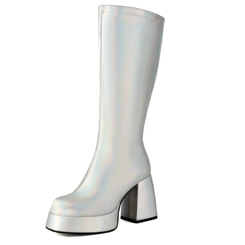 Damen Blockabsatz Stiefel mit Plateau Höhe Ferse Hohe Stiefel Runde Zehen Zip Mode Partystiefel, L63099Hn Silber Gr 36.5 EU/37Cn von Bviennic