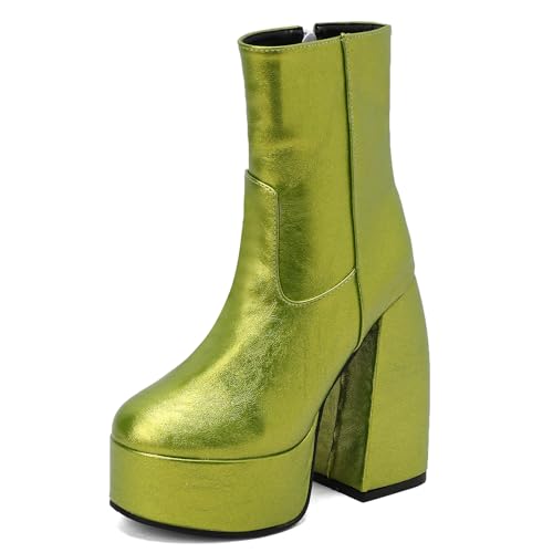 Damen Blockabsatz Stiefel mit Plateau Höhe Ferse Mode Stiefeletten Kleid Stiefeletten Runde Zehen Zip, G35838Qc Grün Gr 42 EU/44Cn von Bviennic