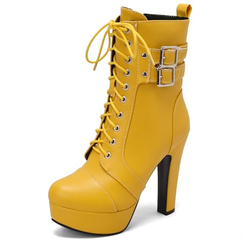 Damen Blockabsatz Stiefel mit Plateau Höhe Ferse Stiefeletten Runde Zehen Zip Klassische Boots, Y120598Nb Gelb Gr 40 EU/41Cn von Bviennic